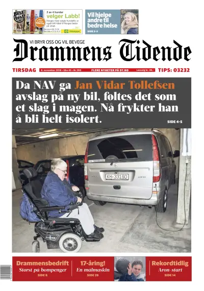Front page of Drammens Tidende newspaper from Norway