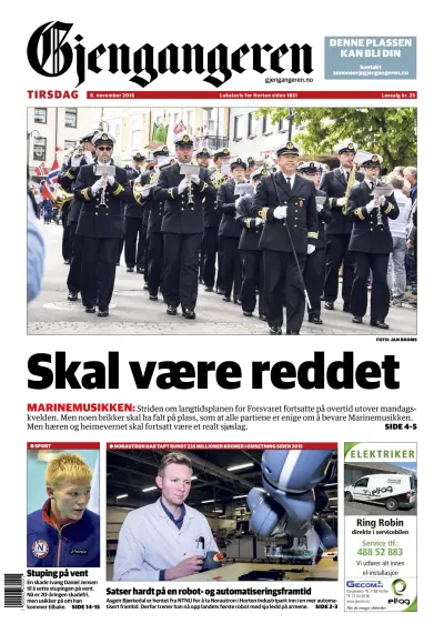 Front page of Gjengangeren newspaper from Norway