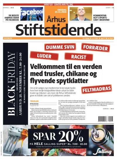 Front page of Arhus Stiftstidende newspaper from Denmark