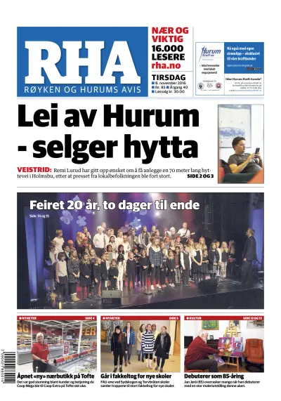 Front page of Royken og Hurums Avis newspaper from Norway