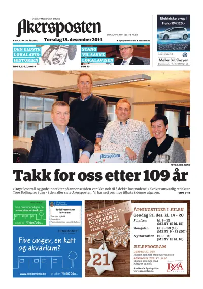 Front page of Akersposten newspaper from Norway