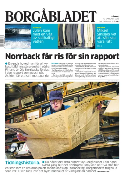 Front page of Borgabladet newspaper from Finland