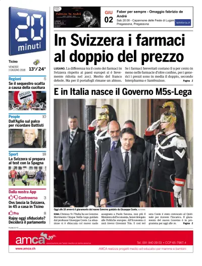 Front page of 20 Minuti newspaper from Switzerland