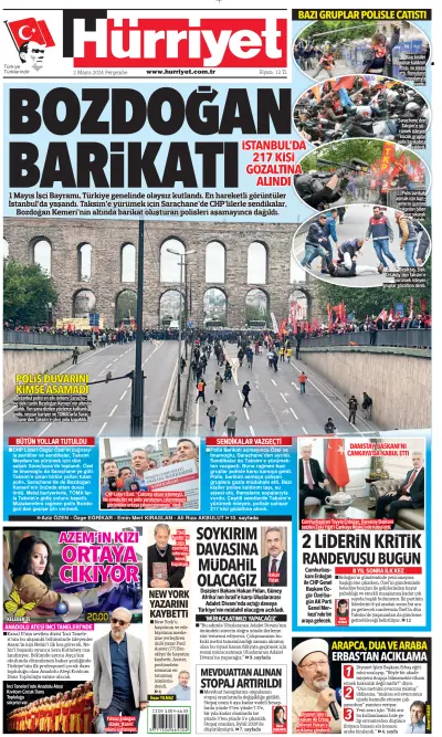 Front page of Hurriyet Print Edition newspaper from Turkey