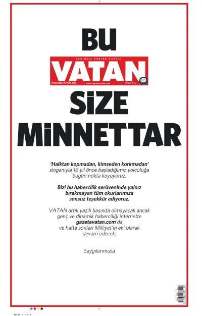 Front page of Vatan newspaper from Turkey