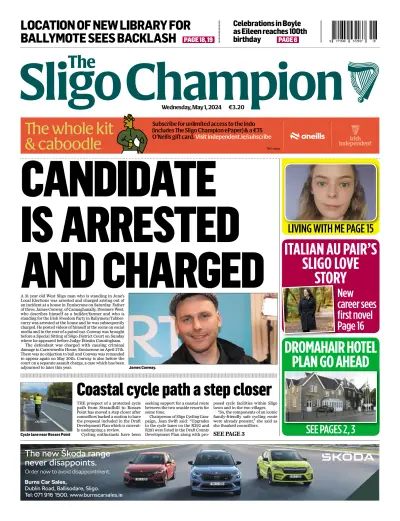 Front page of The Sligo Champion newspaper from Ireland