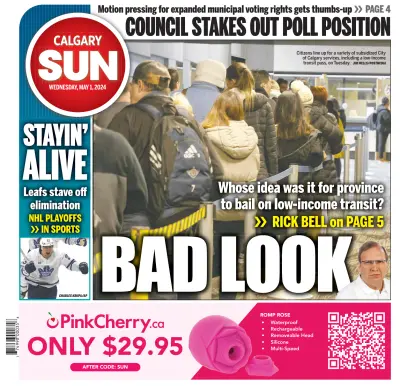Front page of Calgary Sun newspaper from Canada