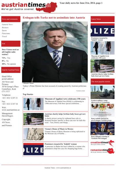 Front page of Austrian Times newspaper from Austria