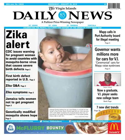 Front page of The Virgin Islands Daily News newspaper from Virgin Islands