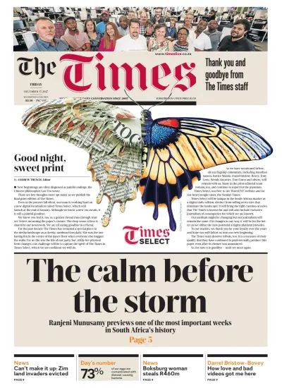 Front page of The Times (South Africa) newspaper from South Africa