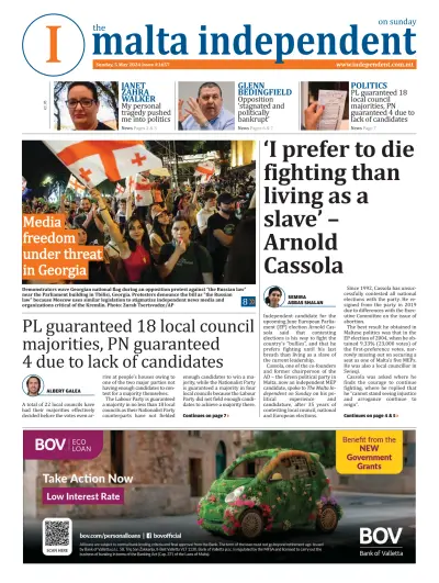 Front page of The Malta Independent on Sunday newspaper from Malta